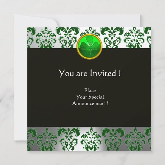 Invitation VERT BLANC DAMAS , MONOGRAMME TRÈFLE ,Noir (Dos)