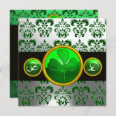 Invitation VERT BLANC DAMASK, MONOGRAMME TRÈFLE,Noir (Devant / Derrière)