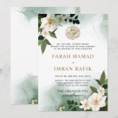 Invitation Vert Blanc Floral Or islamique Mariage musulman (Devant / Derrière)