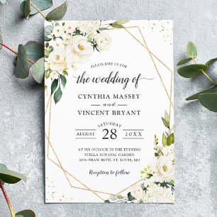 Invitation Vert Blanc Floral Or Mariage géométrique