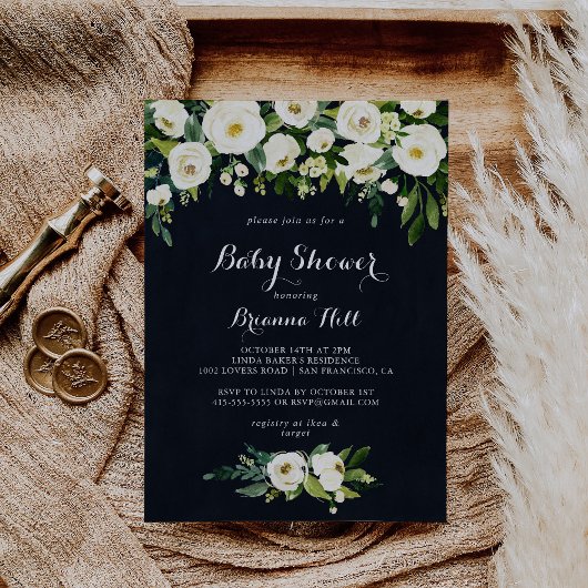 Invitation Vert blanc Floral Royal Blue Baby shower