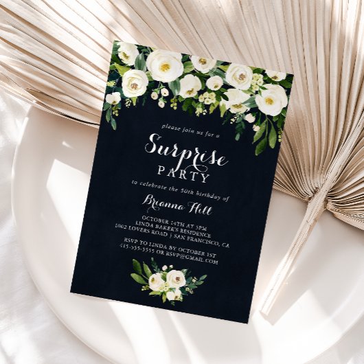 Invitation Vert Blanc Floral Royal Blue Surprise Party