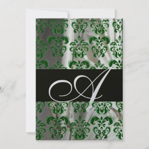 INVITATION VERT BLANC NOIR SOIE DAMASSÉ MONOGRAMME ARGENT