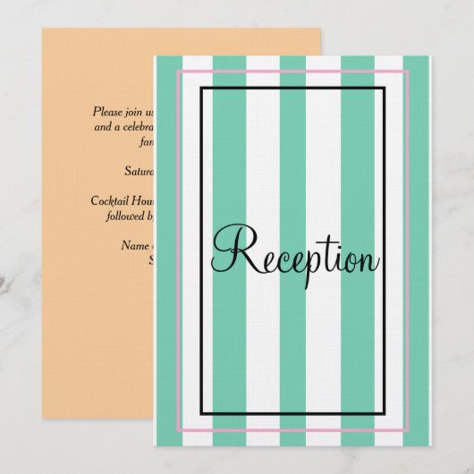 Invitation Vert Blanc Rose Beige Monogramme Rayures Réception (Devant / Derrière)