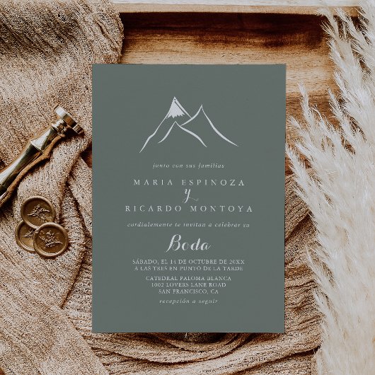 Invitation Vert Blanc Silhouette Montagne Mariage espagnol