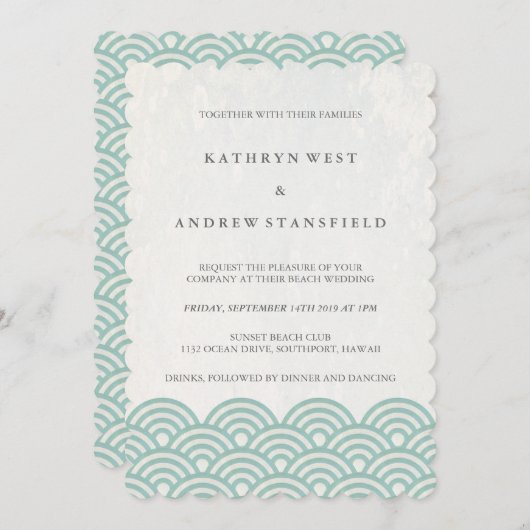 Invitation Vert + Blanc Stylisé Vagues Élégantes Mariage plag (Devant / Derrière)