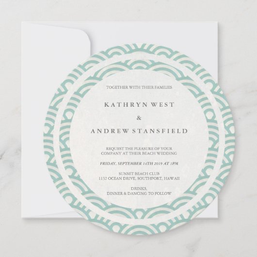Invitation Vert + Blanc Stylisé Vagues Élégantes Mariage plag (Devant)