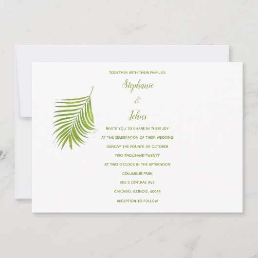 Invitation Vert blanc Tropical Palm Leaf Mariage classique (Devant)