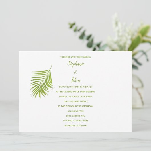 Invitation Vert blanc Tropical Palm Leaf Mariage classique (Debout devant)