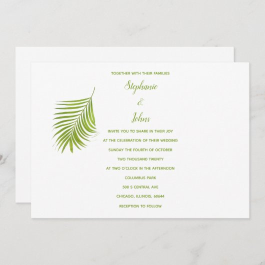 Invitation Vert blanc Tropical Palm Leaf Mariage classique (Devant / Derrière)
