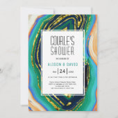 Invitation Vert, bleu, agneau de pêche, couple feuille or dou (Devant)