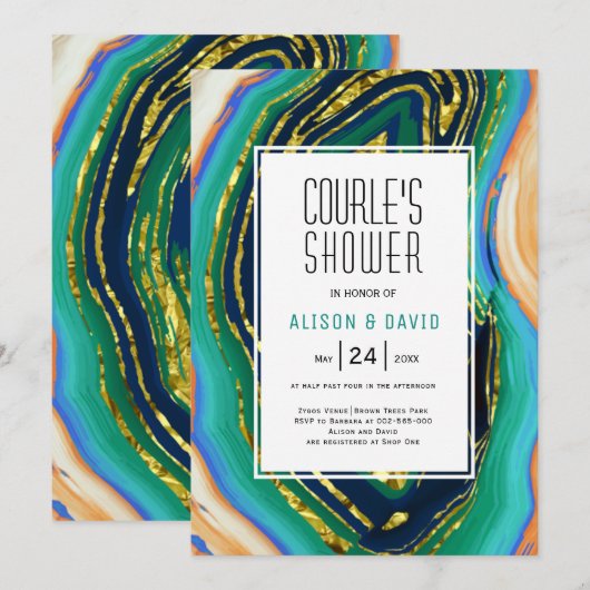 Invitation Vert, bleu, agneau de pêche, couple feuille or dou (Devant / Derrière)