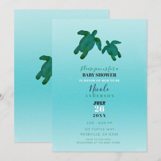 Invitation Vert bleu aquarelle BABY SHOWER des tortues de mer (Devant / Derrière)