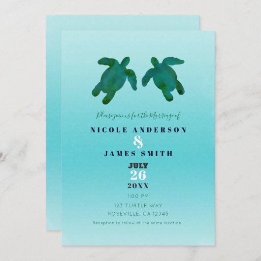 Invitation Vert bleu Aquarelle Océan Tortues de mer Mariage (Devant / Derrière)