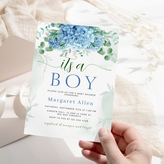 Invitation Vert Bleu hydrangée C'est un Baby shower garçon