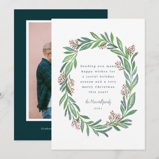 Invitation Vert bleu Illustré Floral Wreath Photo Holiday (Devant / Derrière)