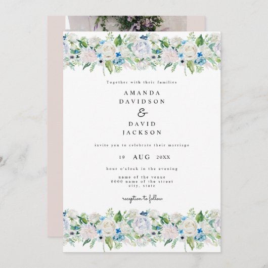Invitation Vert bleu rose doux Mariage floral romantique (Devant / Derrière)