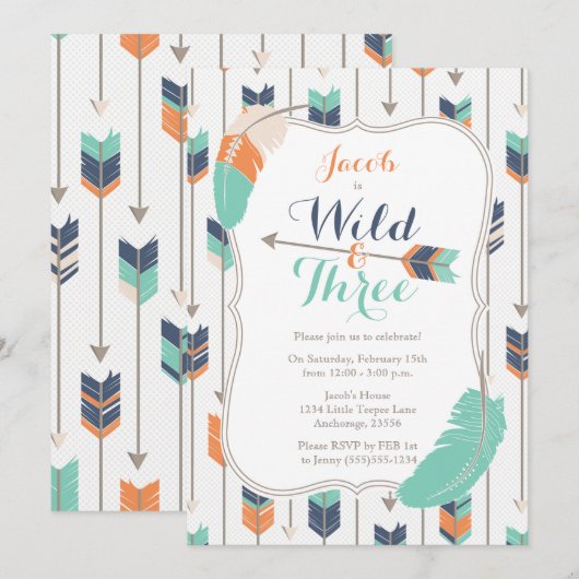 Invitation Vert bleu tribal sauvage de fête d'anniversaire de (Devant / Derrière)