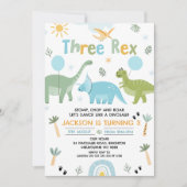 Invitation Vert bleu Trois Rex Dinosaur 3e anniversaire (Devant)