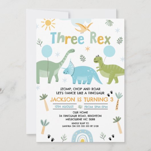 Invitation Vert bleu Trois Rex Dinosaur 3e anniversaire (Devant)