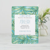 Invitation Vert bleuAquarelle tropicale Feuille Anniversaire (Debout devant)