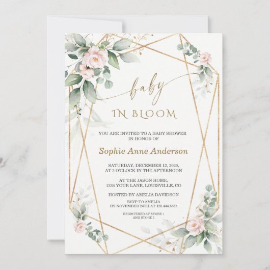 Invitation Vert Blush Floral Gold Feuilles bébé en fleurs (Devant)