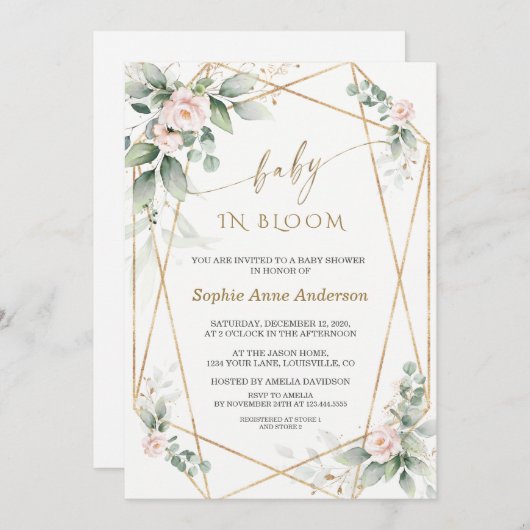 Invitation Vert Blush Floral Gold Feuilles bébé en fleurs (Devant / Derrière)