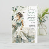 Invitation Vert boho moderne eucalyptus fleurs blanches (Debout devant)