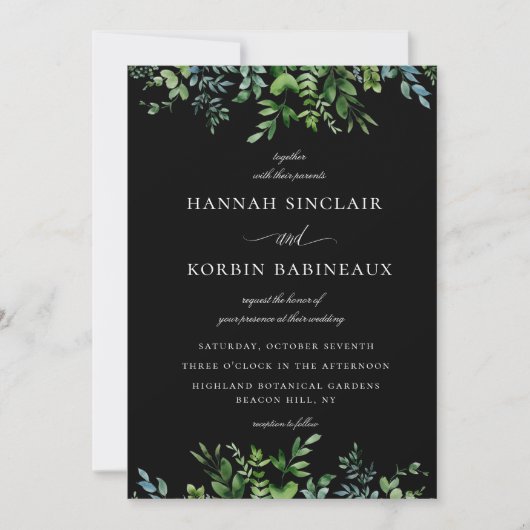 Invitation Vert botanique moderne Mariage noir (Devant)