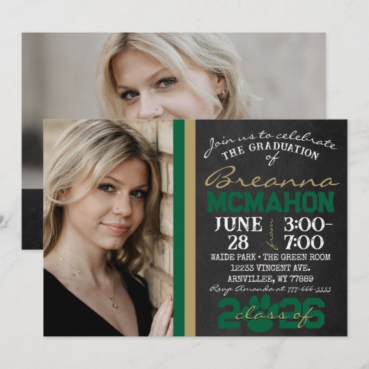 Invitation Vert & Bronze Gold Empreinte de patte Graduation 2 (Devant / Derrière)