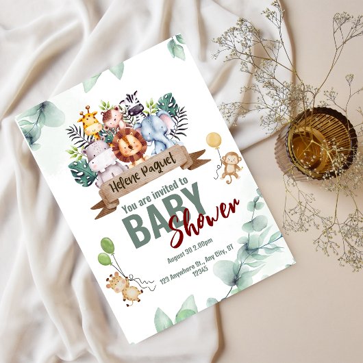 Invitation Vert Brown esthétique Safari Animaux Baby shower