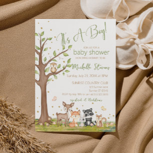 Invitation Vert Brown Garçon Aquarelle Bois Animaux