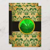 Invitation VERT BRUN DAMASSÉ PARCHEMIN À TRÈFLE Noir (Devant / Derrière)