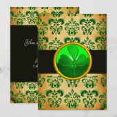 Invitation VERT BRUN DAMASSÉ PARCHEMIN AVEC TRÉFLE Noir (Devant / Derrière)