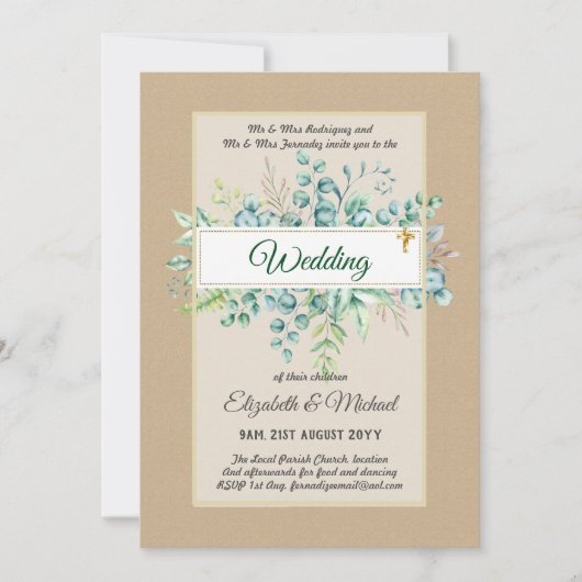 Invitation Vert CATHOLIQUE Mariage Budget chrétien Moderne (Devant)