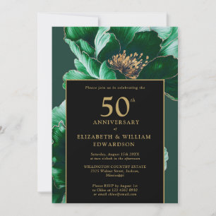 Invitation Vert Chic Floral Noir Et Or 50e Anniversaire