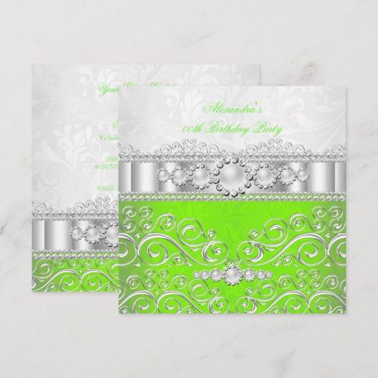 Invitation Vert Citron Blanc Argent Dentelle Perle Fête d'ann (Devant / Derrière)