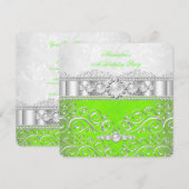 Invitation Vert Citron Blanc Dentelle Argent Perle Fête d'Ann (Devant / Derrière)