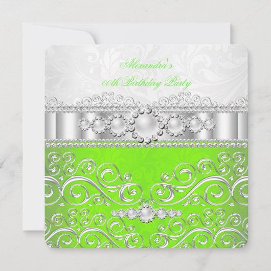 Invitation Vert Citron Blanc Dentelle Argent Perle Fête d'Ann (Devant)