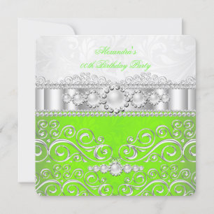 Invitation Vert Citron Blanc Dentelle Argent Perle Fête d'Ann