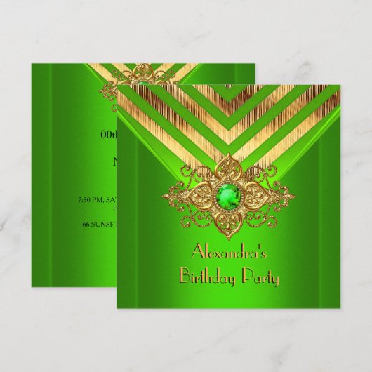 Invitation Vert Citron Gemme Or Décoration Rayure Fête d'Anni (Devant / Derrière)