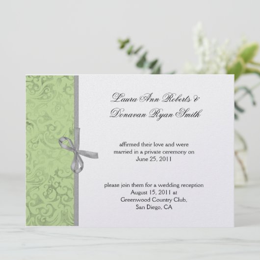 Invitation Vert Citron Gris Blanc Damask Après-Mariage (Debout devant)