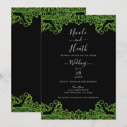 Invitation Vert Citron Paillettes Dentelle Mariage Noir (Devant / Derrière)