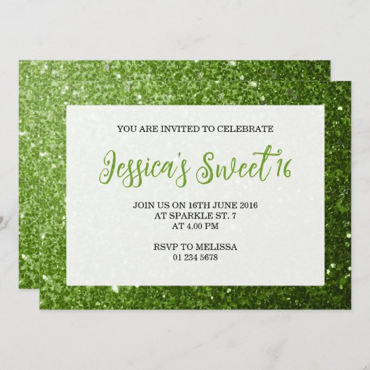 Invitation Vert clair étincelles Sweet 16 élégant script (Devant / Derrière)