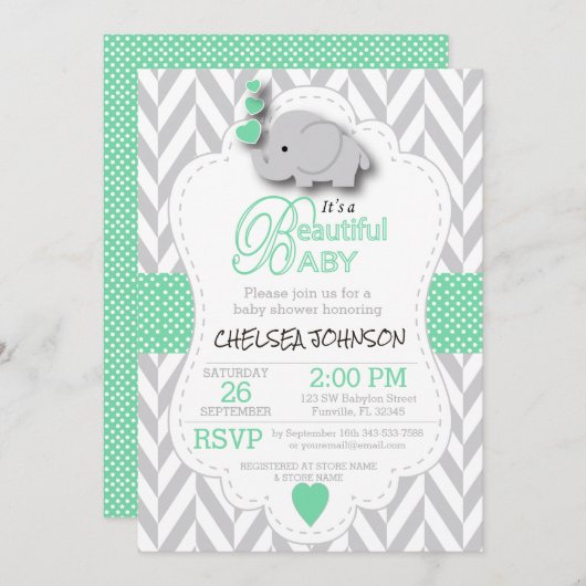 Invitation Vert clair, gris blanc Baby shower éléphant (Devant / Derrière)