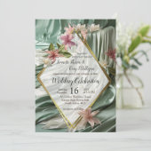 Invitation Vert, Crème, Draps De Soie Et Fleurs De Pinkish (Debout devant)