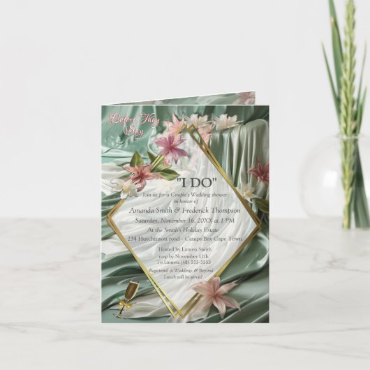 Invitation Vert, Crème, Draps De Soie Et Fleurs De Pinkish (Devant)