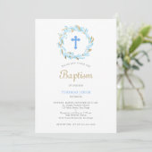 Invitation Vert Croix Bleue Or Élégant Baby Boy Baptism (Debout devant)