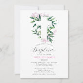 Invitation Vert Croix rose Botanique Baptême de fille Bébé ro (Devant)