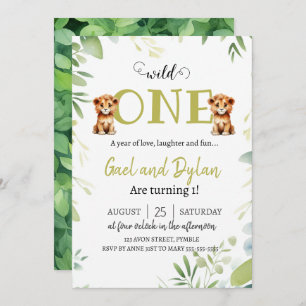 Invitation Vert Cute Lion Cubs Twins Boys 1er Anniversaire En